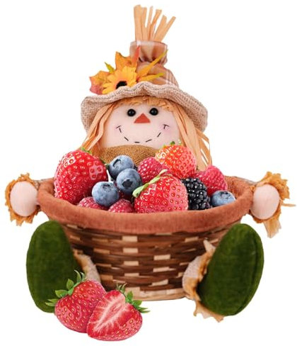 Plush Scarecrow, Thanksgiving Scarecrow Decor - Sunflower Sitting Scarecrow Plush Doll Holds a Fruit Basket | Autumn Decorations for Home, Autumn Harvest, Thanksgiving Decoration