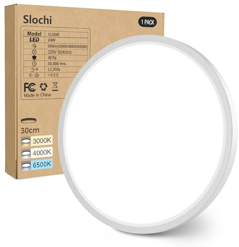 slochi LED Deckenleuchte Flach 24W 2800LM, 3Farben - 3000K/4000K/6500K, Ø30CM Deckenlampe IP54 Wasserfest Rund Badlampe, Modern LED Lampen für küche Badezimmer Schlafzimmer Flur Wohnzimmer, Weiß