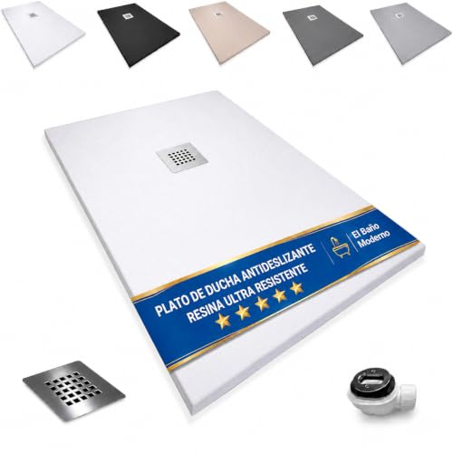 EL BAÑO MODERNO Plato Ducha 80x200CM Antideslizante Antibacteriano | Resina Resistente a Agentes Químicos · Incluye Rejilla Desagüe Ducha · Válvula Sifón · Color Blanco