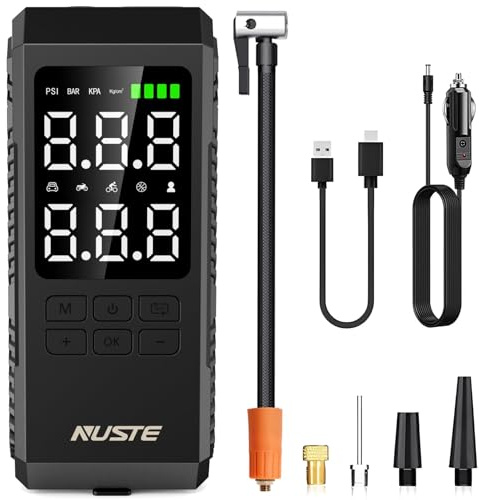 NUSTE Tire Inflator Portable Air Compressor, Air Pump for Car Tires with Digital Pressure Gauge, 150PSI Rechargeable Battery, LED Light, Cordless Bike Tire Pump for Car, Motorcycle, Bicycle