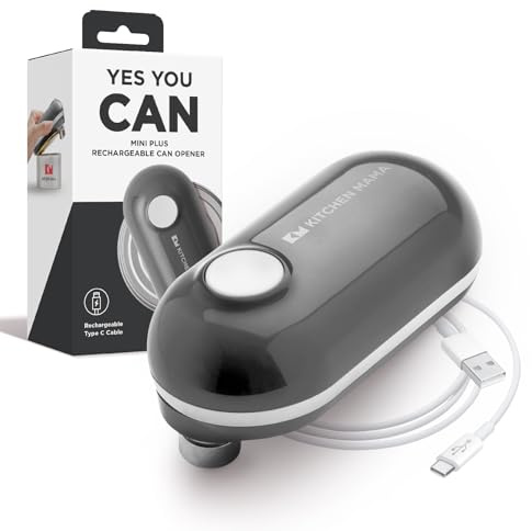Kitchen Mama Mini Plus Ouvre-boîte électrique rechargeable : compact, chargement de type C, mains libres, arrêt automatique, bord lisse, adapté aux aliments, idéal pour la maison, les voyages et les