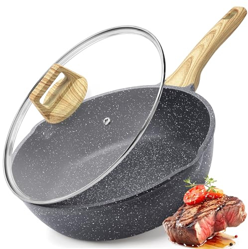 GiPP Nonstick Deep Frying Pan - 2.5L Grey Granite Saute Pan with Lid, Pour Spout and Stay-Cool Handle, Non Stick Skillet Non Toxic Cooking Pan Induction Cookware, PFOA Free(Grey, 24cm)