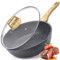 GiPP Nonstick Deep Frying Pan - 2.6L Grey Granite Saute Pan with Lid, Pour Spout and Stay-Cool Handle, Non Stick Skillet Non Toxic Cooking Pan Induction Cookware, PFOA Free(Grey, 24cm)