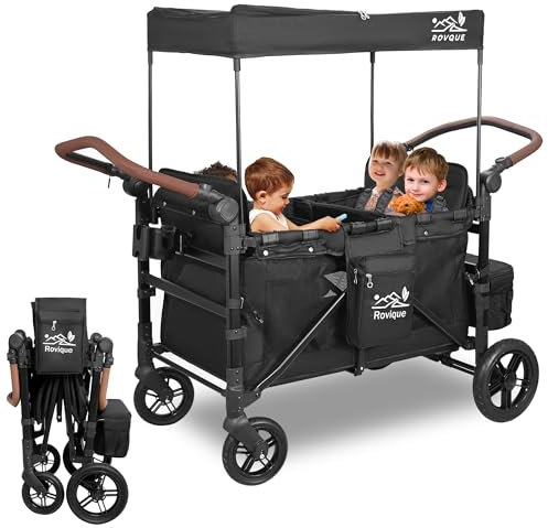 Rovique 4 Seater Wagon Stroller – Deluxe Quad Wagon for 4 Kids with Snack Trays,All-Terrain Wheels,Push Handle, Canopy,Aluminum Frame – Gift for Baby Showers,New Parents,Birthdays