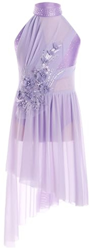 inlzdz Kids Girls Sleeveless Rhinestones Flower Applique Lyrical Ballet Leotard Dress Contemporary Latin Dance Costume Light Purple 13-14 Years