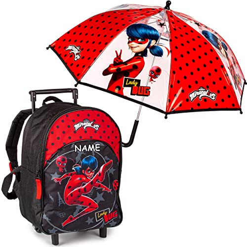 alles-meine.de GmbH 2 TLG. Set: Kinder Trolley/Rucksack + Regenschirm Miracul. - Ladybug und Cat Noir wasserabweisend & beschichtet - für Mädchen & Jungen - Trolly mit Roll..