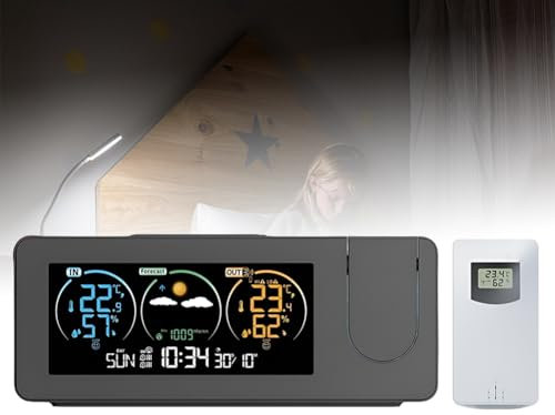 Digital Projection Clock Projection Alarm Clock, Weather Station with Outdoor Sensor, Display Date Time Temperature Humidity Weather Forecast and Trendence, for Home Office