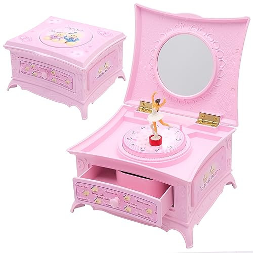 HVIHWI Ballerine Boîte à Musique avec Miroir, Boîte à Bijoux avec mélodie Boîtes à Bijoux Musicale avec Miroir en Tiroir Cadeaux d'anniversaire (Rose)