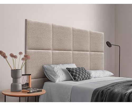 DHOME Gepolstertes Kopfteil Bestehend aus Austauschbaren Selbstklebenden Paneelen aus Aqualine-Stoff Luxuriöses Gepolstertes Bettkopfteil für das Schlafzimmer (Sand, 90cm)