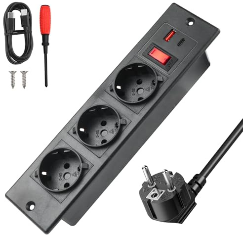 BlueXP Enchufe Empotrable con Puertos USB-A y Type-C, Regleta Integrada de 3 Tomas con Cable de Alimentación 1,5m y Cable Type-C 1m, Uso para Cocinas, Oficinas o Espacios con Muebles Empotrados, Negro