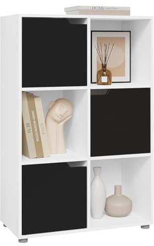WOLTU Bücherregal, Aufbewahrungsregal mit 3 Türen 6 Fächern, Weiß+Schwarz | Bücherschrank, Standrega, Raumteiler Büroregal für Arbeitszimmer Schlafzimmer & Wohnzimmer, 59,6 x 91 x 29 cm (B x H x T)