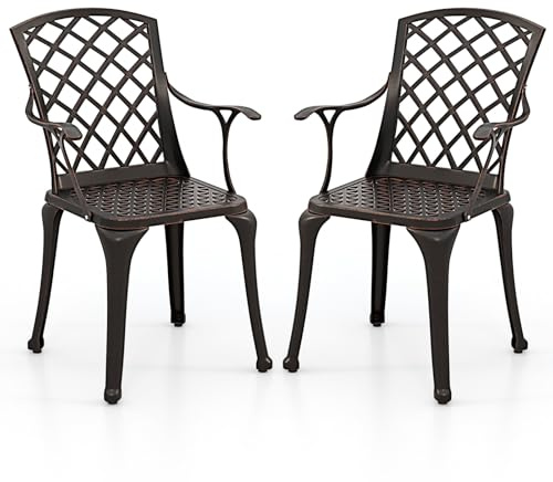 GOPLUS Gartenstühle 2er Set, Balkonstuhl wetterfest aus Aluminiumguss bis 150kg belastbar, Bistrostuhl mit Rückenlehne & Armlehne, Outdoor Stuhl mit Ausschnitt Design für Garten Hof Balkon (Kupferrot)