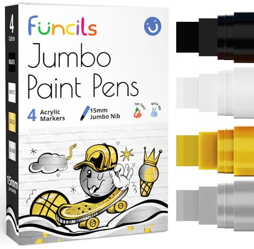 Funcils 4 Jumbo Acrylstifte Set 15mm - Permanent Acrylmarker | Weiß, Schwarz, Gold & Silber – Lackstifte für Steine Wasserfest, Acrylfarben für Holz, Keramik, Glas & Metall, Acrylic Marker