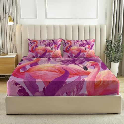 Completo letto Singolo con lenzuolo sopra morbido e confortevole (90x190x30 cm) e 1 federa, motivo Bellissimo Fenicottero Fiori, in microfibra spazzolata senza rughe e anallergico, Viola