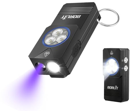 BORUIT EV30 Mini Linterna con 365nm Luz UV, 550 Lumen Flashlight Recargable, con Clip, IP66 Impermeable, Base Magnética, para Camping, Reparación, Exterior, Emergencia