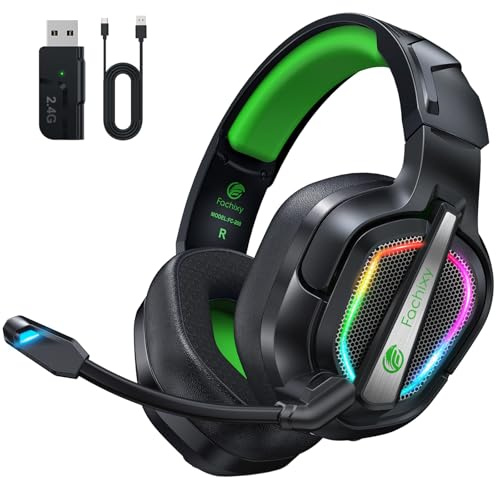 Fachixy FC200 Wireless Gaming Headset, 2.4GHz Bluetooth 5.4 Headset mit Mikrofon für PS5, PS4, PC, Switch, Gaming Kopfhörer Kabellos, Geringe Latenz Noise Cancelling, mit LED Licht, 50H Akkulaufzeit
