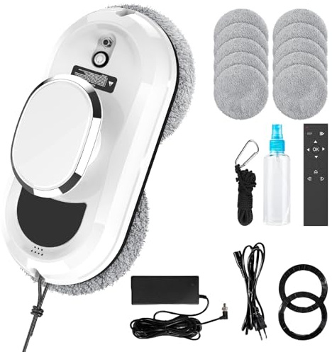 QIAKEFE Robot pulitore vetro 5600Pa Robot pulitore automatico con navigazione intelligente, sistema di sicurezza anti-caduta, telecomando e 10 panni per tutte le superfici Lis (A)