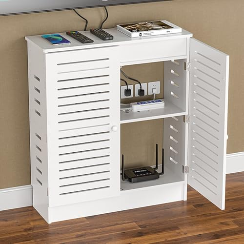 HDZNDH Armario De Suelo para Router Wi-Fi, Mueble Multimedia Ventilado con Divisores Ajustables, Gestión De Cables Y Tapa Oculta, Base Plinto, Ideal para Router, Módem Y TV-Box