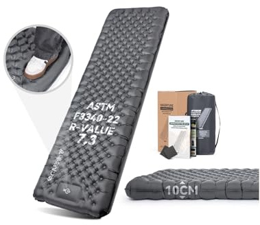 HIKENTURE Isomatte Camping R-värde 7,3 med fotpump, 10CM ultratjock isolerande liggmatta 210x64cm, varm sovmatta luftmadrass litet packmått 4 årstider för utomhus, vandring, tält