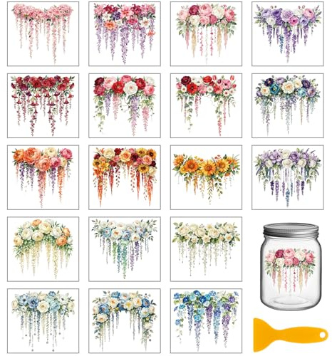 GLOBLELAND Blumen Transferaufkleber, 18 Blätter, UV-Kunststoff, Vintage-Blumenmuster, Mehrfarbig, 10x9 cm, für Tassen, Vasen, Glas, Holz, Keramik, Hochzeitsdekoration