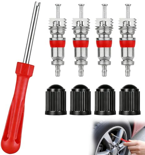 Wcawnlt Ventileinsatzentferner 9-teiliges Reifenventil Reparatur-Set, 1x Ventilschlüssel, 4X Ventileinsätze, 4X Ventilkappen, Für Auto, Motorrad und E-Bike