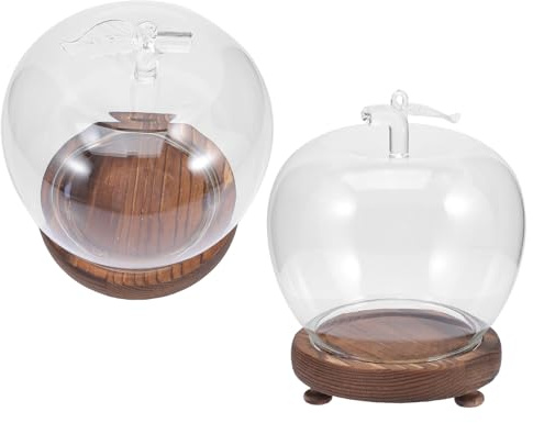 HEALSOPTHY Lot de 2 Cloches Décoratives en Verre Transparent avec Socle en Bois Vintage Lumineux, Dôme Protecteur Anti-poussière pour Vitrine Figurines et Fleurs Stabilisées,
