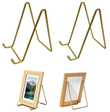 lemgyiamz Chevalet Support Presentoir, Porte Assiette, Metal Support Assiette Decorative, en Fer Doré pour Étagère, Lot de 2 , Cadres, Photos, Livres Ouverts, 13x19x15 cm