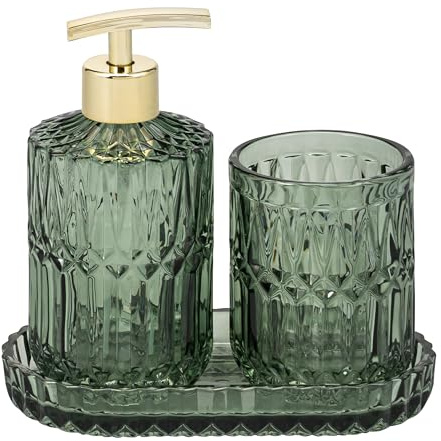 eluno Badezimmer-Set BURANO 3tlg. aus Glas, rundes Bad-Accessoires Set bestehend aus 1x Seifenspender, 1x Becher und 1x Schale, ideal für Badezimmer, Gäste-WC und Küche (Grün)