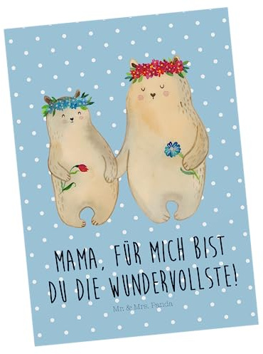 Mr. & Mrs. Panda Postkarte Bären mit Blumenkranz - Geschenk, Grußkarte, Bär, Family, Muttertag, bildkarte, Ansichtskarte, Postkarten, Kinder, Mutter, Ansichtskarten
