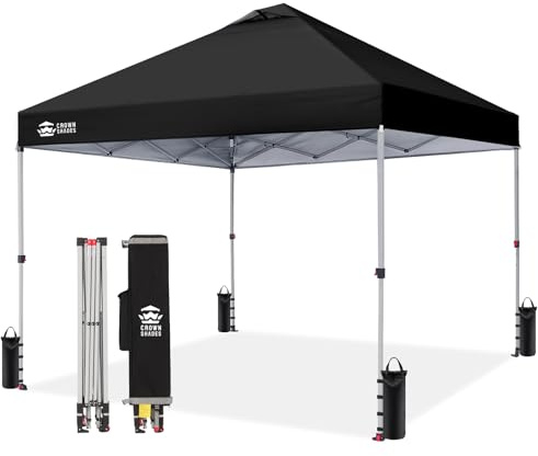 CROWN SHADES 10x10 Pop Up Canopy - Beach Tent with One Push Setup - Easy Outdoor Sun Shade for Events, Parties, Camping - Gazebo with STO-N-Go Cover Bag, Silver Coated Top, Black