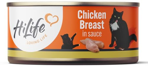 HiLife Adult Wet Cat Food Tins, Chicken Breast in Sauce, Complete Tinned Cat Food, 100% Natural & Grain Free (12 x 70g Cans)