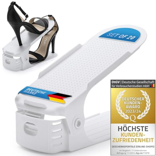 GOODS+GADGETS® Schuhstapler 20er Set, Schuhorganizer für 50% mehr Platz | Sofort 50% Raumgewinn, 3-fach verstellbarer Schuhschrank Organizer, rutschfester weißer Schuhordner, sehr platzsparend