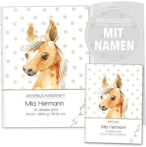 OLGS U-Hefthülle und Impfpasshülle als 3-teiliges Set Design Bauernhof | Untersuchungsheft- & Impfpass Hülle mit Namen, Geschenk zur Geburt - Uheft, Impfpashüllen personalisiert, Pferd