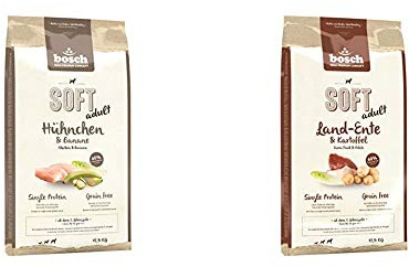 Bosch HPC Soft Hühnchen & Banane | halbfeuchtes Hundefutter für ausgewachsene Hunde Aller Rassen | 1 x 12.5 kg & HPC Soft Land-Ente & Kartoffel | halbfeuchtes Hundefutter | 1 x 12.5 kg