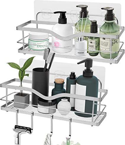 HAPPTWS Mensola Doccia Senza Foratura Portaoggetti Doccia: 2pcs Set Organizer Bagno Parete Shampoo Accessori Doccia - Muro Shelf Shower in Acciaio inox con Adesivo & 4 Ganci per Spugne Rasoi Shampoo