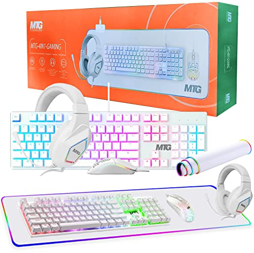 Kit de jeu pour PC, clavier et souris RVB, casque de jeu, grand tapis de bureau LED avec surface lisse avec modes RVB pour ordinateur de bureau, Xbox et PS4, combo MTG 4 en 1