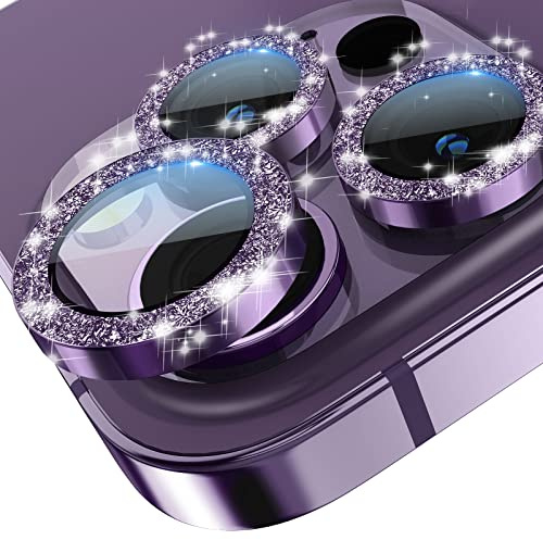 imluckies Compatible with iPhone 14 Pro/iPhone 14 Pro Max Camera Lens Protector, Glitter Aluminum Alloy Edge & 9H Tempered Glass, Bling Individual Metal Lens Screen Protection Cover, Glitter Purple