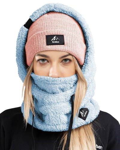 Senllen Cagoule Coupe-Vent en Polaire pour Temps Froid, Masque de Ski, Masque Thermique Respirant, Cache-Cou, écharpe, Casque à Capuche, Bleu Glacier, Taille Unique