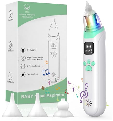 DIHOOM Nasal Aspirator Baby, Baby Nose Suckers, Electric Snot Sucker with 3 Silicone Tips and 3 Levels, Anti-Backflow Nose Cleaner for Newborn, Toddlers, Soothing Function with Music and Light