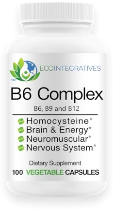 EcoIntegratives B6 Complex Vegan Vitamin B6, B9 Folate, B12 Methylcobalamin Supports Cardiovascular, Neuromuscular, Nervous System, Homocysteine, Energy, Blood Cell & Bone Health 100 Caps