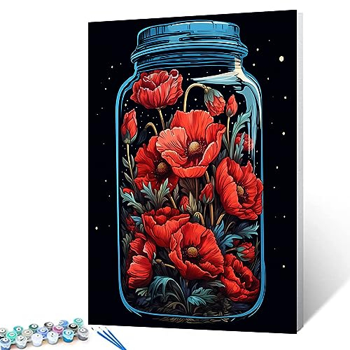 Abstrakte Mohnblume in Glasfarbe nach Zahlen Kits 40x50cm Leinwand DIY Ölmalerei für Kinder, Studenten, Erwachsene Anfänger mit Pinsel Acrylpigmentgraffiti Orange Blumenfoto Geschenk (DIY Rahmen)