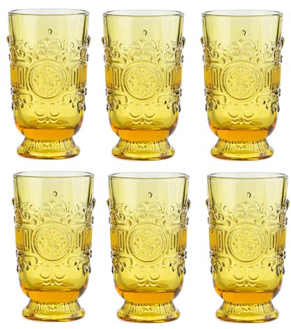 Sungmor Juego de 6 vasos vintage Highball para bebidas en relieve, vasos de 306.2 g, vasos de jugo ámbar, cristalería para cóctel, vasos de agua altos para cerveza, refrescos, whisky