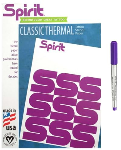 Spirit Tattoo-Transferpapier-Set – 100 Blatt A4 Spirit Classic Thermokopierer-Hektografiepapier (21,6 x 27,9 cm) mit viskot-sterilen chirurgischen Hautmarkern im Lieferumfang enthalten