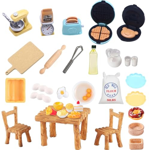 37 Stück Mini Wichtel Zubehör Set, Miniatur Puppenhaus Zubehör, 1/12 Miniatur Lebensmittel, DIY Mini Brot Milch Eier Tassen Teller Löffel für Wichteltür Weihnachten Deko