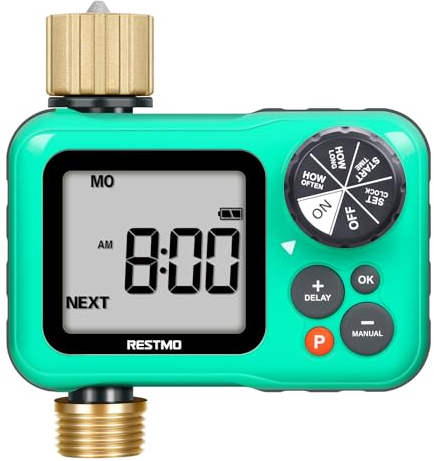 Restmo Timer irrigatore con ingresso e uscita in ottone, 3 programmi separati, timer programmabile dell'acqua per tubo da giardino, manuale | Ritardo pioggia | Sistema di irrigazione automatico per