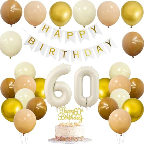 JJJZAMZ 60. Geburtstag Deko für Frau und Mann - Banner, Girlande, Zahl 60 Luftballons, Tortendeko - Beige Braun Gold Party Ballons für Dekoration