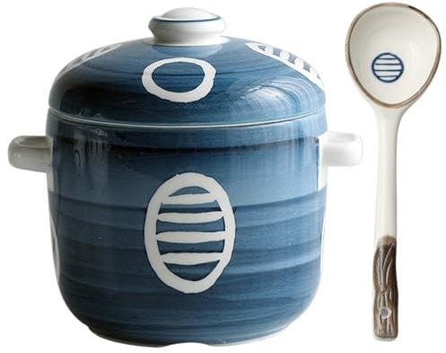 AADDFDD Pentola per stufato in Ceramica Giapponese con Coperchio e Cucchiaio, Tazza per stufato da 500 ml per Cereali a Nido d'uccello, zuppa, Riso, Crema pasticcera all'uovo da Dessert 500ml/18oz Ⅲ