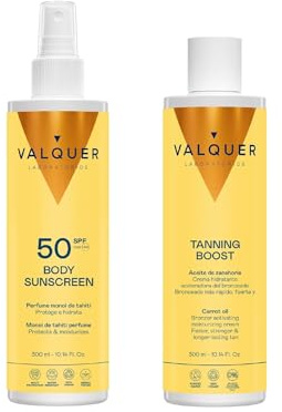 Valquer Pack Solar Corporal Protector 300 ml y Crema Aceleradora 300 ml | Protección SPF 50 Proporciona una Piel Bronceada, Hidratada y Suave | Aroma Monoi de Tahití | Vegano