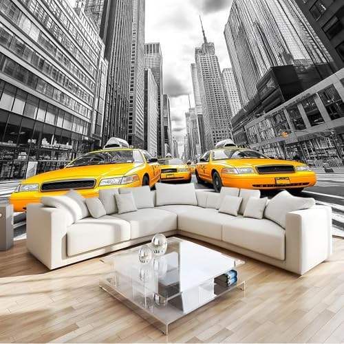 Carta da Parati Fotomurali New York Taxi Giallo Grattacieli 3D Fotomurale Tessuto non Tessuto Poster Design In Bianco E Nero per Cucina Bambini Soggiorno Camera da Letto Murale 300 x 210 cm