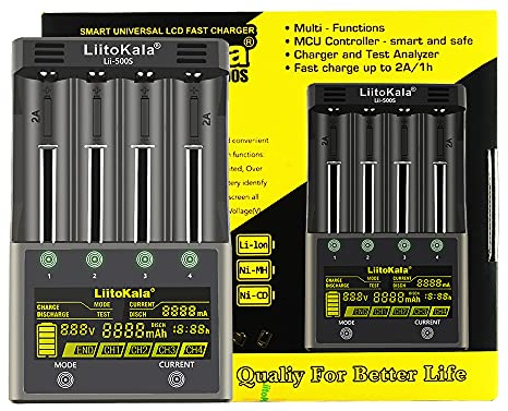 Chargeur de Batterie 18650 LiitoKala Lii-500S Chargeur Rapide de Batterie AA avec Ecran Tactile LCD Adaptateur 12V3A Inclus Prise en Charge de La Sortie USB pour 21700 Li-Lion AA Ni-MH Ni-CD, 4 Baies